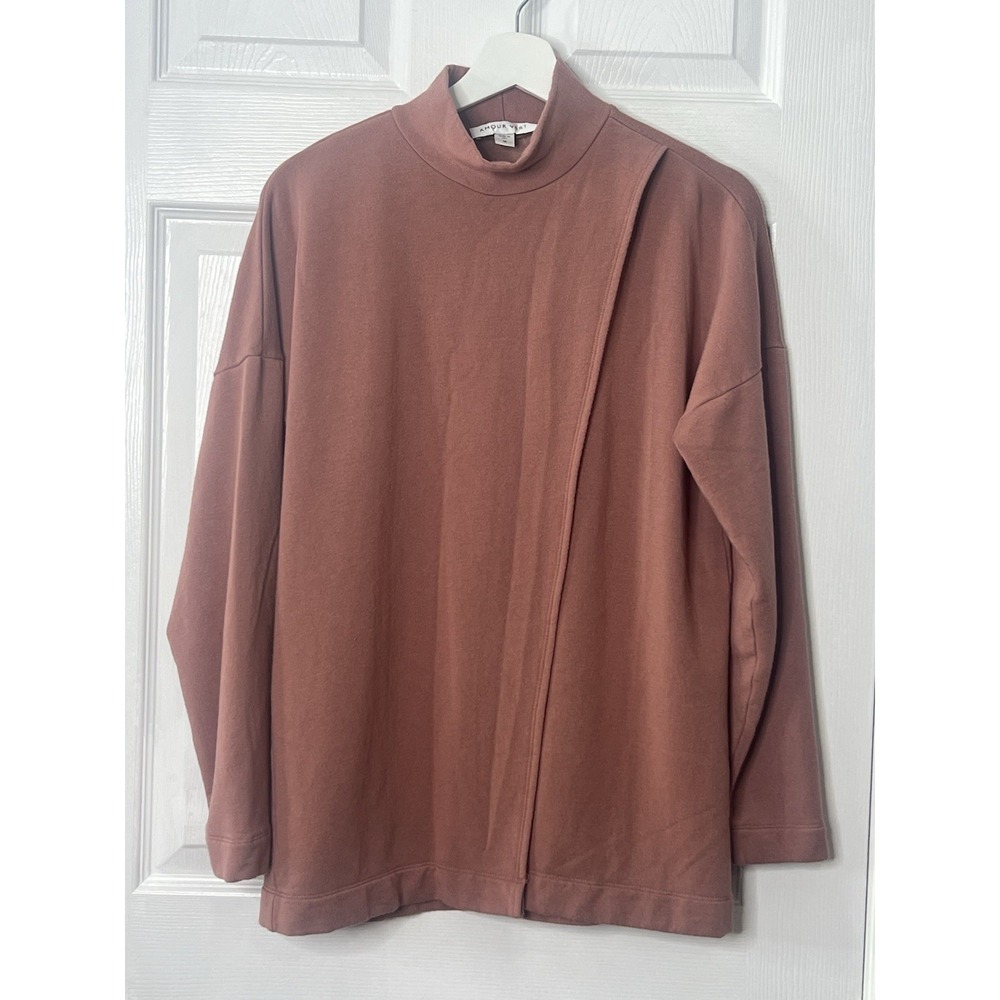 Amour Vert Mock Neck Top Minimalist Capsule Wardrobe Long Sleeve Dusty Rose Sz M - Picture 2 of 7